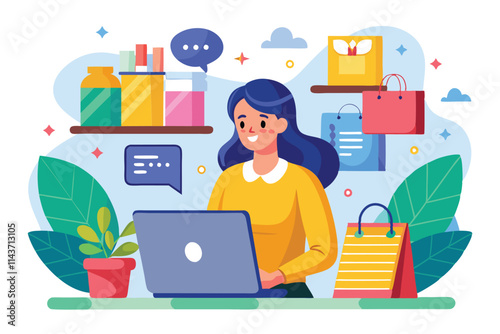 A woman engages in online shopping at home, surrounded by vibrant product packages and shopping bags Woman shops online.