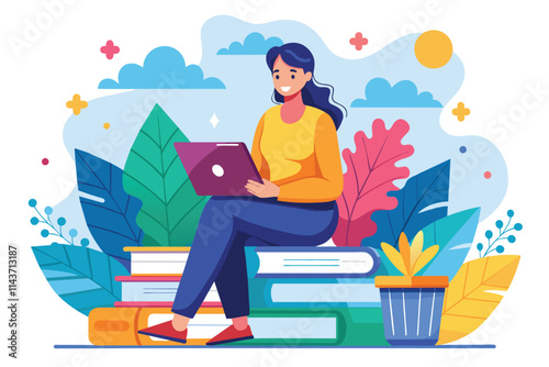 A woman using a laptop for online learning while sitting comfortably on stacked books outdoors Woman sitting on a book, online learning concept trending.