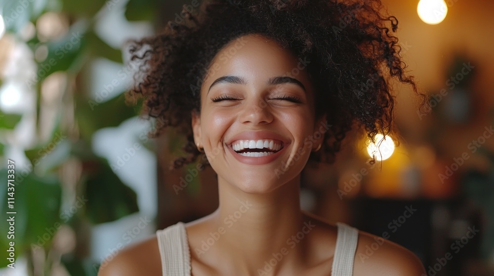 Joyful Young Woman with Curly Hair Smiling Brightly in a Cozy Indoor Setting Surrounded by Plants and Warm Light, Radiating Happiness and Positivity Joyful Young Woman with Curly Hair Smiling Brightly in a Cozy Indoor Setting Surrounded by Plants and Warm Light, Radiating Happiness and Positivity