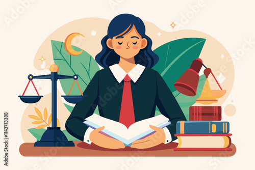 A woman reads a court law book, immersed in her studies, surrounded by various legal symbols and dcor Woman studying court law book, flat illustration.