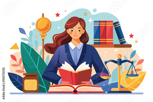 A young woman is focused on studying a court law book surrounded by legal symbols and vibrant decor Woman studying court law book, flat illustration.