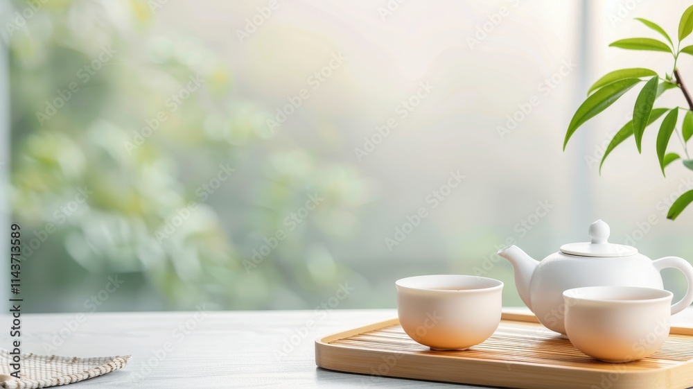 A serene tea set on a wooden tray, featuring a teapot and two cups amidst a softly lit, natural background. A serene tea set on a wooden tray, featuring a teapot and two cups amidst a softly lit, natural background.