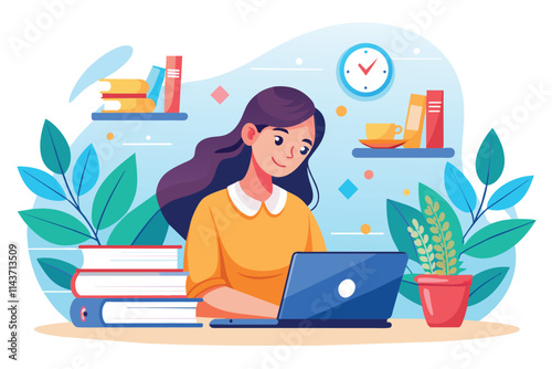 A woman focused on her online exam while seated at a desk filled with books and greenery Woman studying for online exam, illustrated in a flat style.