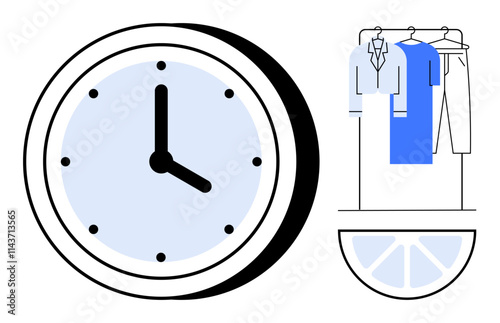 Wall clock showing time next to hanging clothes including pants and shirts. Ideal for time management, organization, routine planning, productivity, daily schedule, punctuality, lifestyle. Line