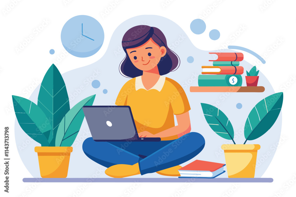 A woman is focused on her laptop, studying surrounded by plants and books in a bright, inviting space Woman studying online with laptop, flat illustration. A woman is focused on her laptop, studying surrounded by plants and books in a bright, inviting space Woman studying online with laptop, flat illustration.