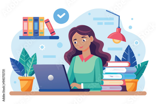 A woman engages in online learning at her desk, surrounded by books and potted plants in a tranquil setting Woman studying online, flat illustration.
