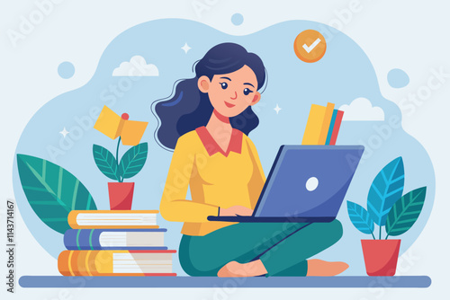 A woman is engaged in study, using her laptop while surrounded by books and plants in a serene environment Woman studying with laptop and book, flat illustration