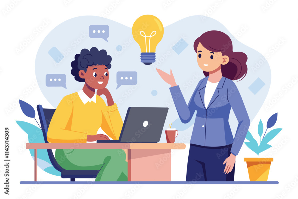 A woman enthusiastically presents a new concept to her coworker who is engaged at a laptop Woman suggests idea to coworker, simple illustration. A woman enthusiastically presents a new concept to her coworker who is engaged at a laptop Woman suggests idea to coworker, simple illustration.