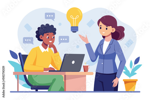 A woman enthusiastically presents a new concept to her coworker who is engaged at a laptop Woman suggests idea to coworker, simple illustration.