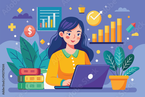 A woman is engaged in trading on her laptop, surrounded by vibrant charts and houseplants Woman trading on laptop, flat illustration