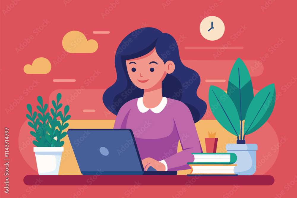 A woman is focused on her laptop, seated at a desk with plants and books, creating a vibrant workspace Woman using laptop, flat illustration A woman is focused on her laptop, seated at a desk with plants and books, creating a vibrant workspace Woman using laptop, flat illustration