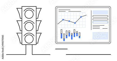 Traffic light next to a data analytics dashboard displaying bar and line graphs. Ideal for business strategy, technology innovation, smart cities, data analysis, road safety planning, digital