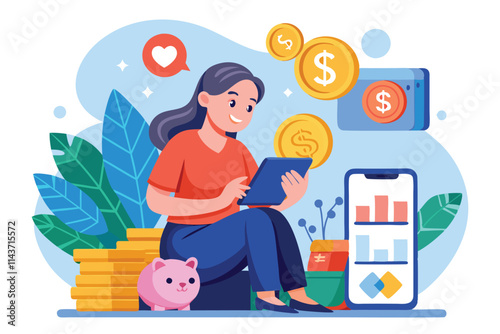 A woman sits comfortably using a digital application to track her savings and finances while surrounded by coins Woman using online piggy bank app, flat illustration
