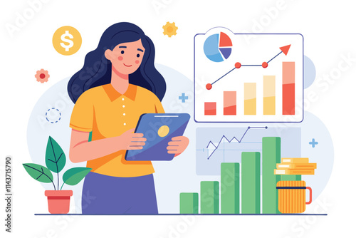 The woman studies marketing graphs displaying revenue trends with a tablet in hand, surrounded by plants Woman with a flat marketing investment graph, showing low effectiveness.