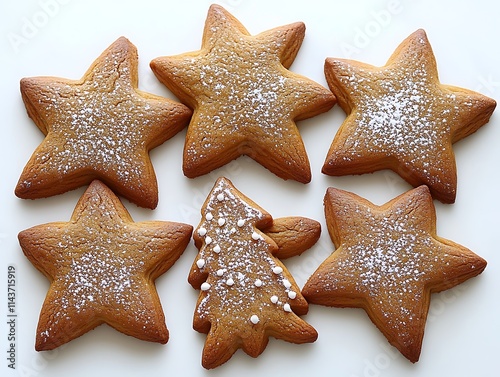 A creative display of Christmas cookies shaped like stars and trees, surrounded by powdered sugar resembling snow, arranged on a smooth white background.  photo