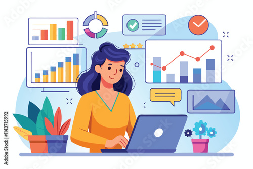 A woman studies digital data charts and graphs on her laptop while surrounded by potted plants in an office Woman worker analyzing digital data and charts in a flat illustration.