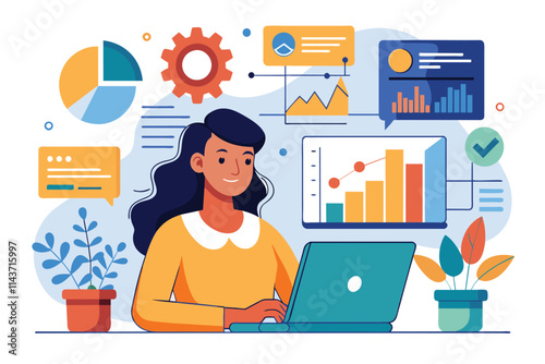 A woman is analyzing digital data and charts while working on her laptop in a bright office space Woman worker analyzing digital data and charts in a flat illustration.