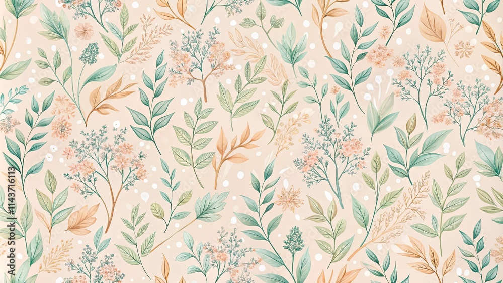 Elegant Botanical Seamless Pattern Design Featuring Delicate Foliage and Blooms