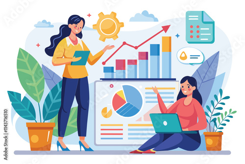 Two women evaluate financial charts with graphs and data in a vibrant office setting Women analyze graphs of growth and earnings, flat illustration.