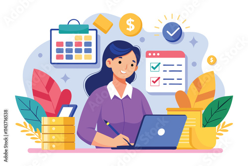 Women carefully budgeting money with a finance planner, focusing on financial organization and tracking Women budget money and use a finance planner with a flat illustration.