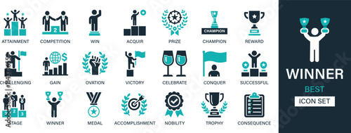 Winner icon set collection. Attainment, competition, win, acquire, prize, champion, reward, challenging, gain, ovation, victory, nobility and best solid icon set.