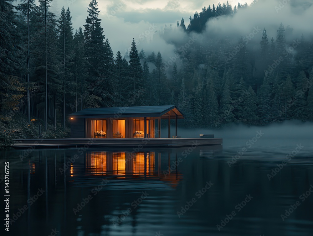 Fototapeta premium Misty Forest Lake Cabin Retreat Serene Evening Escape