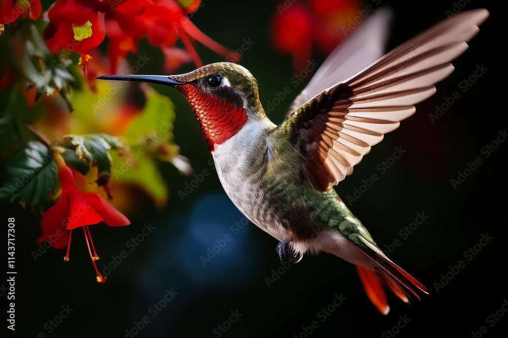 Fototapeta premium Ein Kolibri ist mit seinem langen Schnabel in einer Blüte