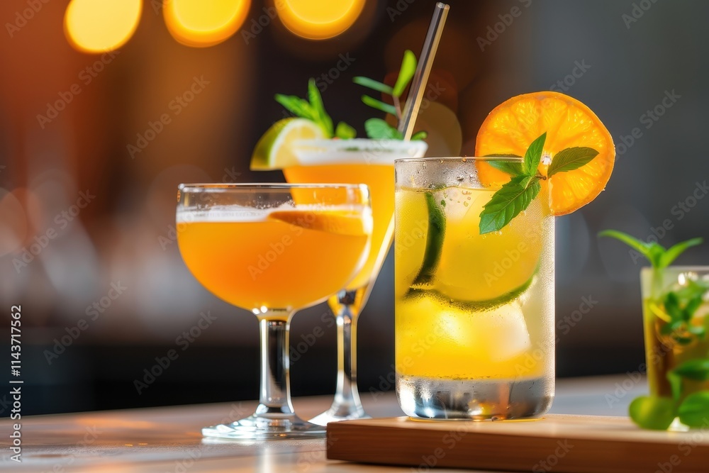 A vibrant display of refreshing cocktails, featuring citrus fruits and mint, perfect for a lively gathering or summer enjoyment. A vibrant display of refreshing cocktails, featuring citrus fruits and mint, perfect for a lively gathering or summer enjoyment.