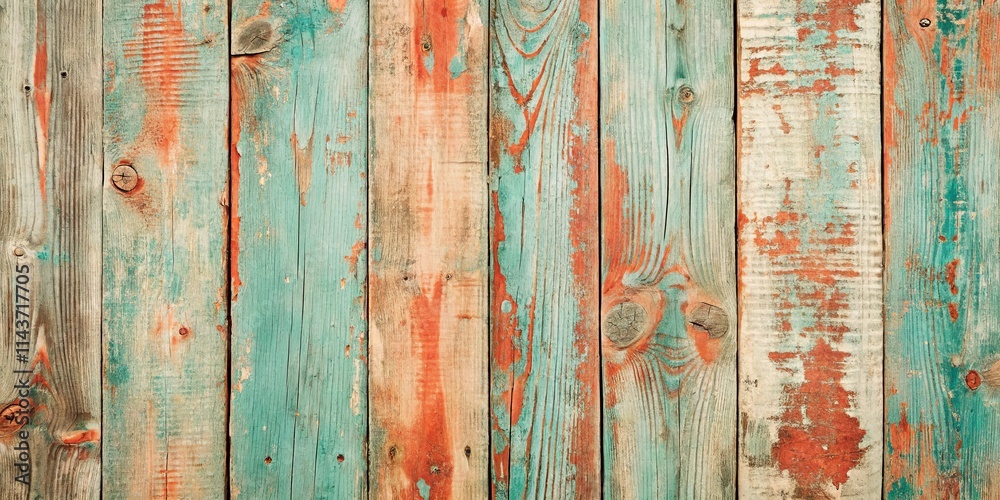 Rustic Weathered Wooden Planks with Peeling Paint in Teal and Orange Hues Rustic Weathered Wooden Planks with Peeling Paint in Teal and Orange Hues