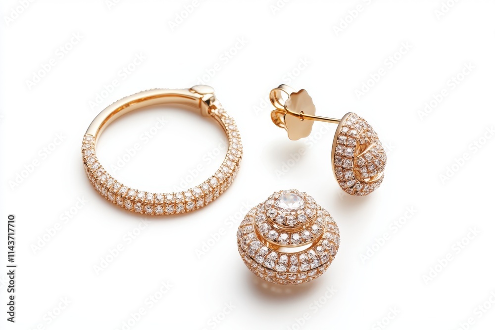 A gold jewelry set, including a diamond ring, a pendant necklace, and matching earrings A gold jewelry set, including a diamond ring, a pendant necklace, and matching earrings