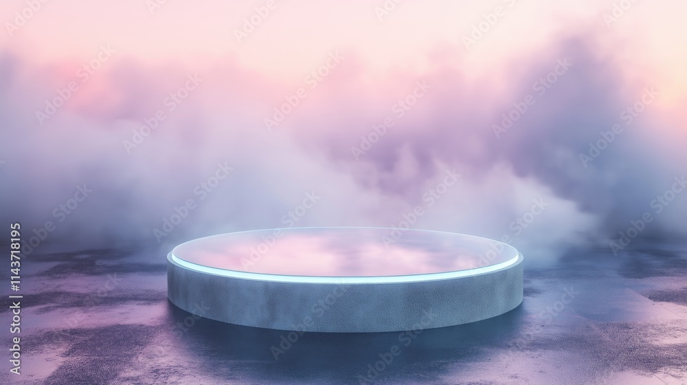 Concrete and glass podium with abstract glowing shapes Concrete and glass podium with abstract glowing shapes