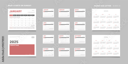 Set of 2025 Pages Monthly Calendar Planner Templates, Cover with Place for Photo, Company Logo, Annual 2025-2026. Calendar Vector pages size Letter-8.5x11in for print Week start Sunday