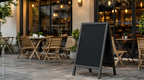 Mockup empty black square shape sign in front of cafe, Blackboard mockup inviting guests to street cafe, menu board on a city street scene. photo