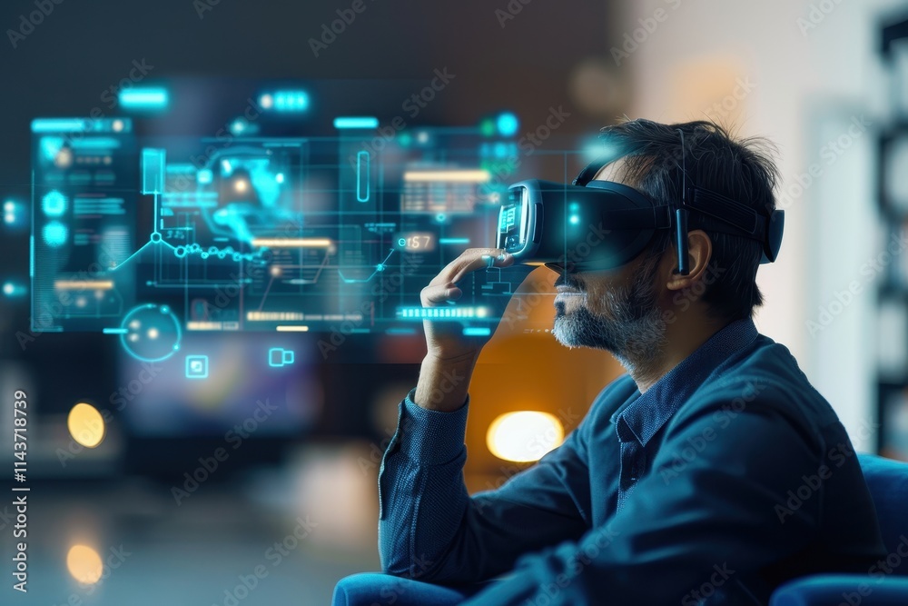 A person using a virtual reality headset, engaged with digital interfaces and data visuals, immersed in an interactive tech experience. A person using a virtual reality headset, engaged with digital interfaces and data visuals, immersed in an interactive tech experience.