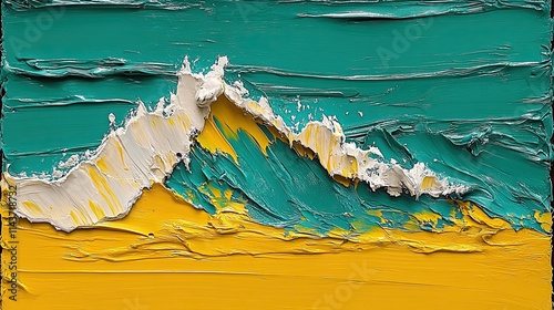 Waves crash on a sandy beach captured in vibrant textured painting using bright colors and expressive brush strokes
