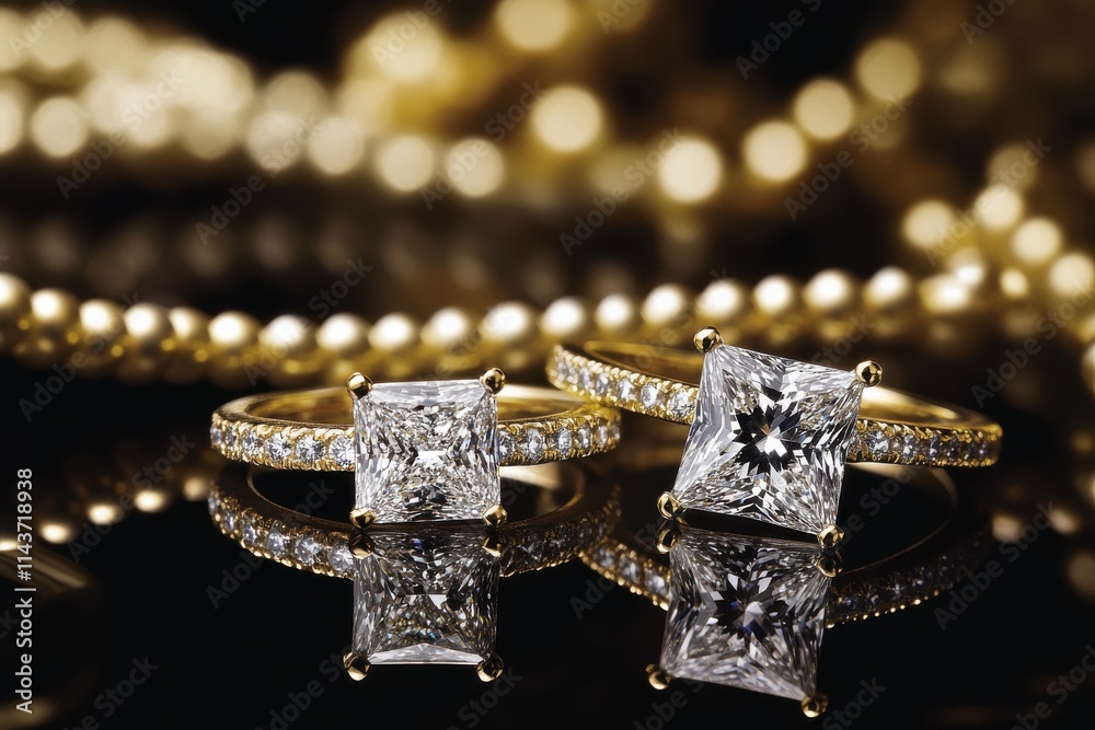A pair of diamond rings, one featuring a princess-cut stone and the other with a round-cut diamond A pair of diamond rings, one featuring a princess-cut stone and the other with a round-cut diamond