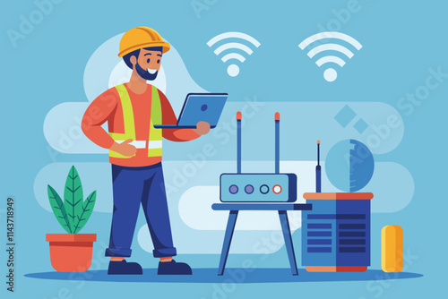 A worker with safety gear checks a wifi router while using a laptop in a neat environment Worker inspecting wifi router, flat design illustration