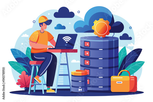 A worker is focused on setting up a cloud database using a laptop in a vibrant and creative workspace Worker installs cloud database with flat illustration.