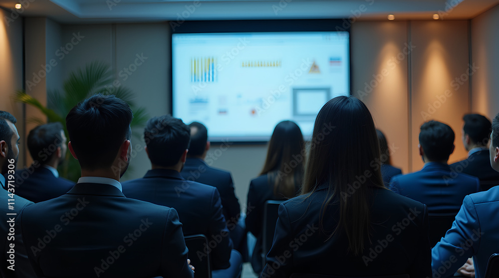 A group of business professionals gathered in a seminar, attentively watching a digital presentation. The scene captures the atmosphere of a formal corporate environment A group of business professionals gathered in a seminar, attentively watching a digital presentation. The scene captures the atmosphere of a formal corporate environment