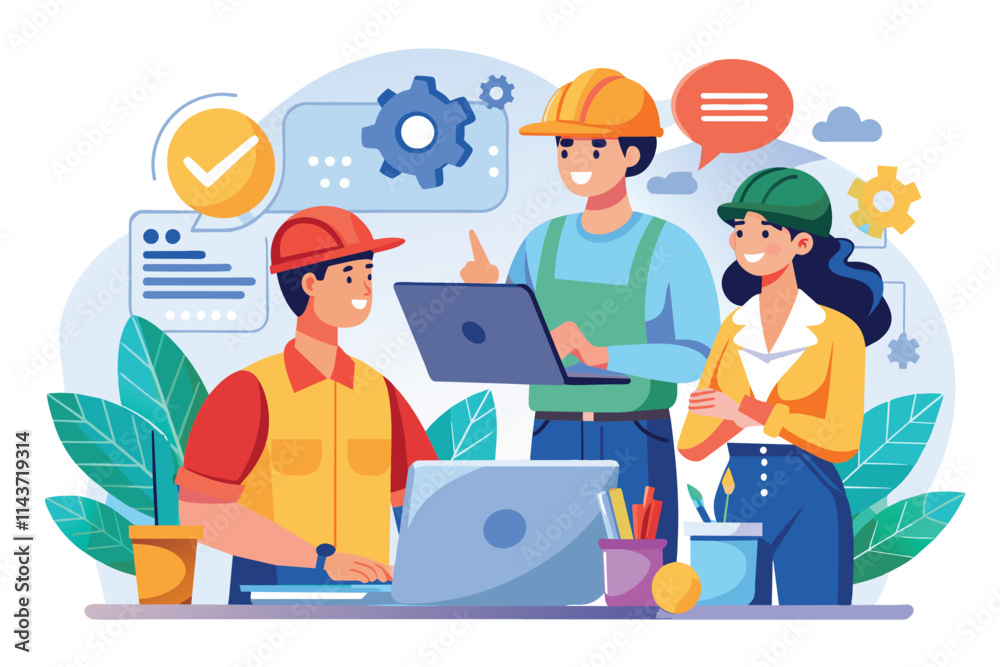 Team members discuss project details and share ideas using a laptop while working together in a bright environment Workers communicate with each other while working, flat Illustration Team members discuss project details and share ideas using a laptop while working together in a bright environment Workers communicate with each other while working, flat Illustration