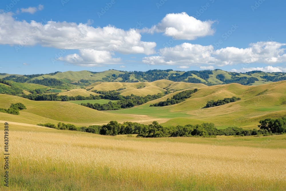A peaceful countryside unfolds with vast fields of golden wheat swaying gently in the breeze A peaceful countryside unfolds with vast fields of golden wheat swaying gently in the breeze