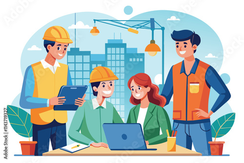 A group of workers engages in a discussion around a laptop, sharing project insights and plans at work Workers discuss work, flat drawing
