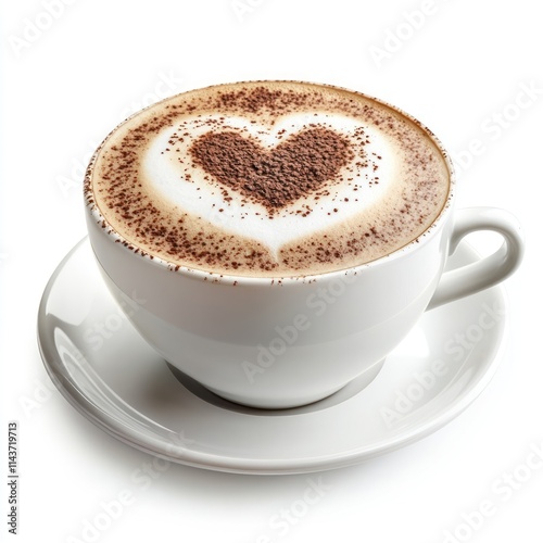 A heart-shaped cocoa design atop a creamy latte in a white cup on a saucer.