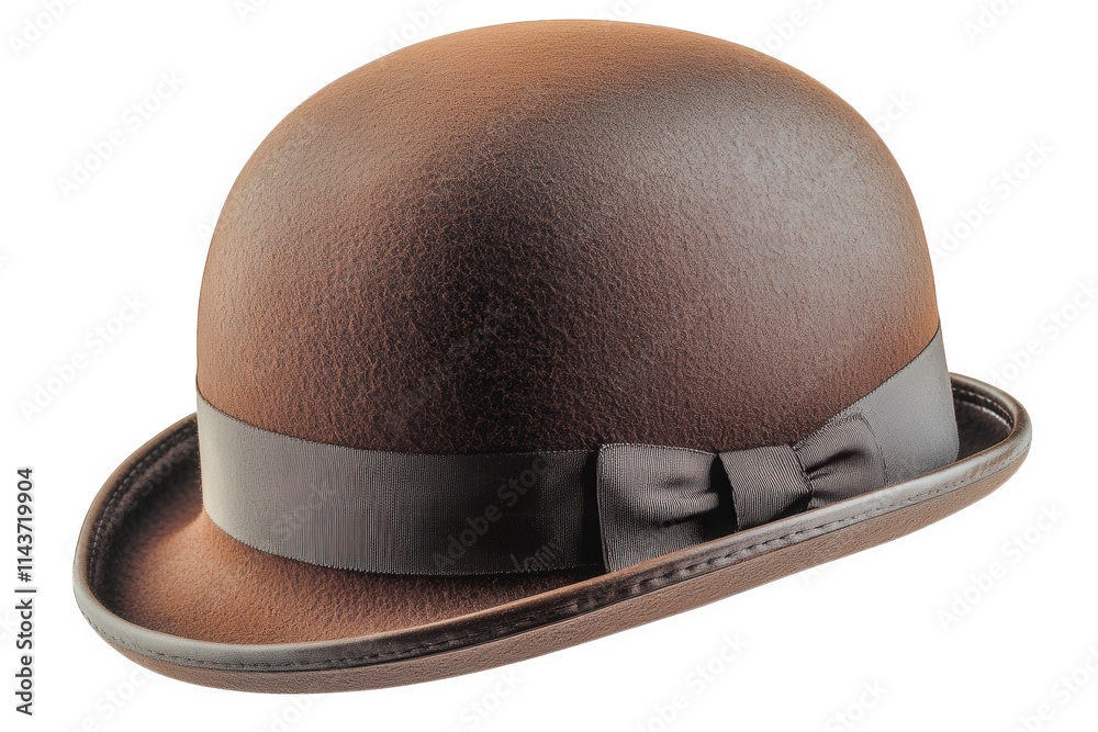 Obraz premium a brown felt bowler hat with a black ribbon and bow the hat is isolated on a transparent background