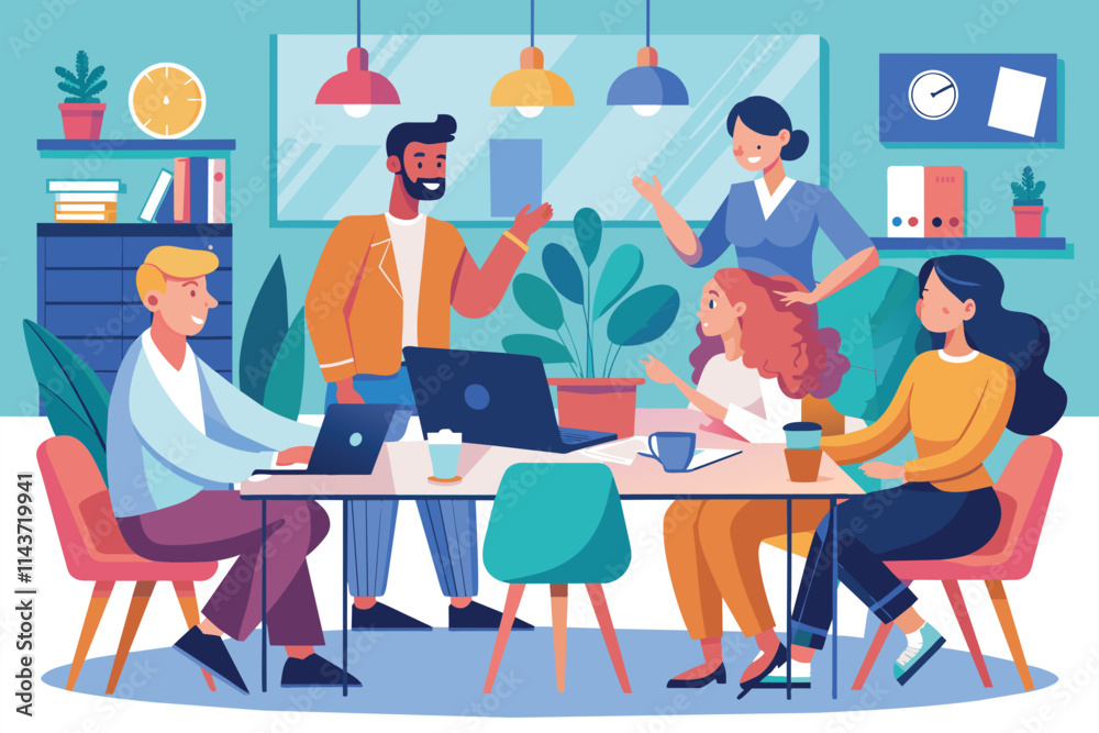 A group of five professionals actively discussing ideas around a large table in a vibrant workspace Workspace meeting illustration. A group of five professionals actively discussing ideas around a large table in a vibrant workspace Workspace meeting illustration.