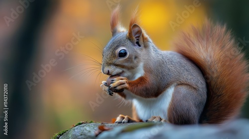 cute squirrel sitting eating some nuts on  rock at forest