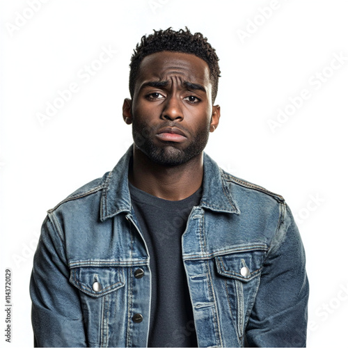 28 year old black Male looking miserable. Isolated, white background. photo