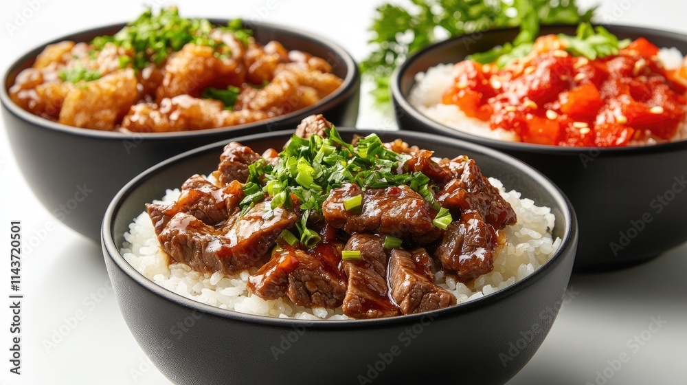 Delicious asian food composition featuring gyudon, sweet and sour pork and mapo tofu with rice Delicious asian food composition featuring gyudon, sweet and sour pork and mapo tofu with rice