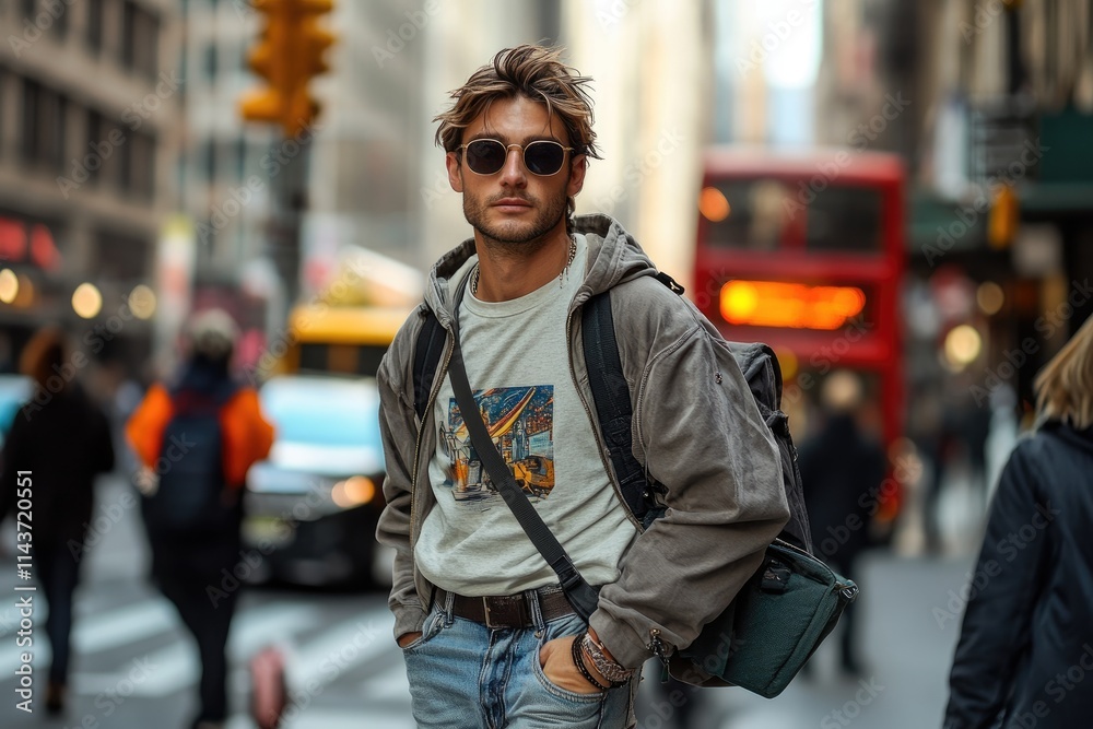 Stylish tourist exploring bustling city street in new york city Stylish tourist exploring bustling city street in new york city