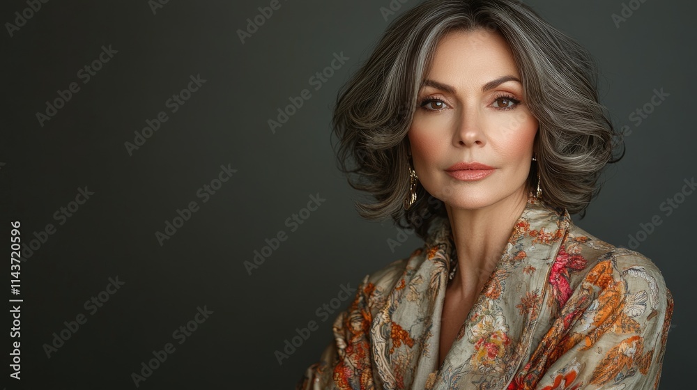 Elegant mature woman with gray hair posing in stylish outfit Elegant mature woman with gray hair posing in stylish outfit